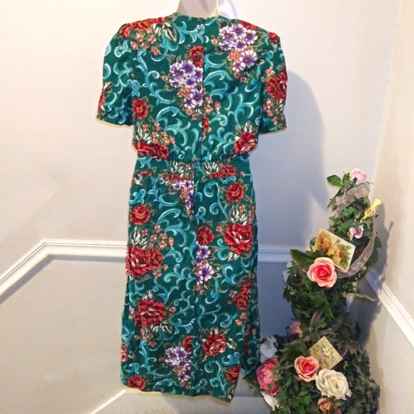 Miss Dorby Vintage 1980's Teal Burgundy & Purple Floral  Cottagecore Style Dress - Picture 6 of 14